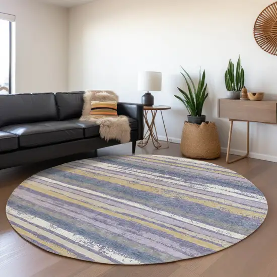 8' Purple Ivory And Beige Round Striped Washable Indoor Outdoor Area Rug Photo 6