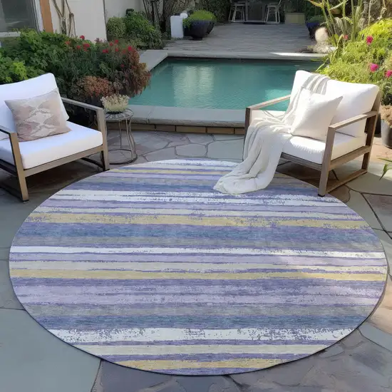 8' Purple Ivory And Beige Round Striped Washable Indoor Outdoor Area Rug Photo 5
