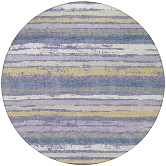 8' Purple Ivory And Beige Round Striped Washable Indoor Outdoor Area Rug Photo 4