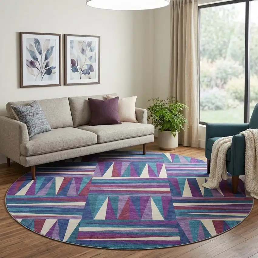 8' Purple Ivory And Blue Geometric Washable Round Rug With UV Protection Photo 1