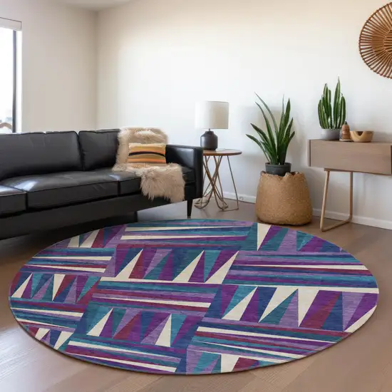8' Purple Ivory And Blue Geometric Washable Round Rug With UV Protection Photo 4