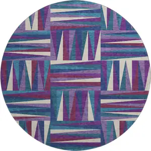 Photo of 8' Purple Ivory And Blue Geometric Washable Round Rug With UV Protection