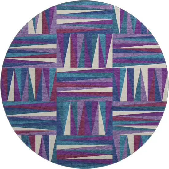 8' Purple Ivory And Blue Geometric Washable Round Rug With UV Protection Photo 1