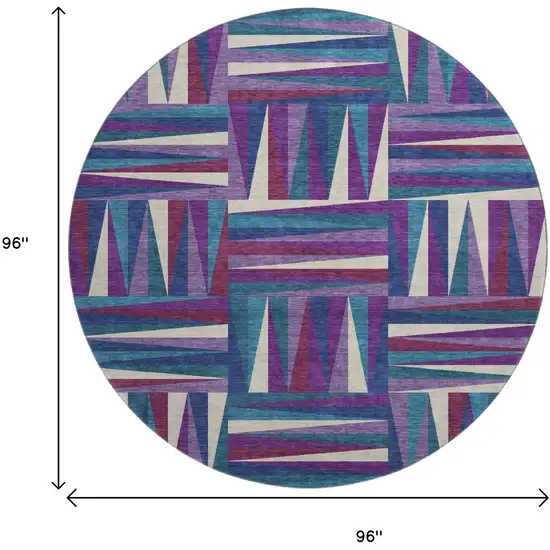 8' Purple Ivory And Blue Geometric Washable Round Rug With UV Protection Photo 9