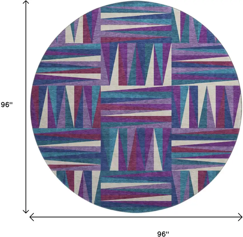 8' Purple Ivory And Blue Geometric Washable Round Rug With UV Protection Photo 9