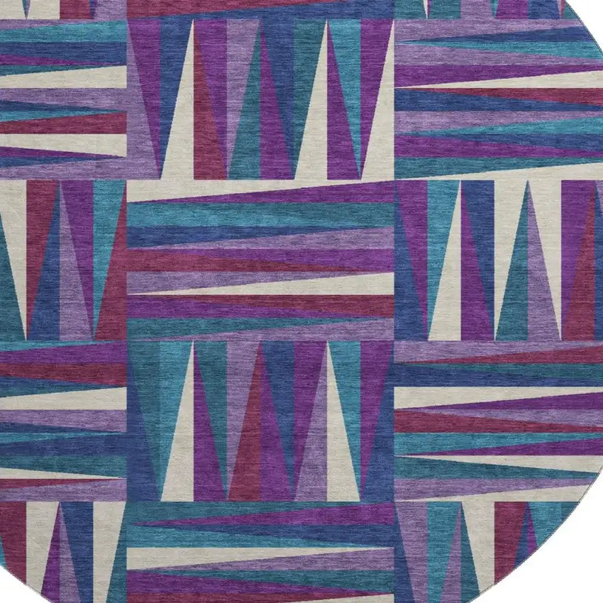 8' Purple Ivory And Blue Geometric Washable Round Rug With UV Protection Photo 2