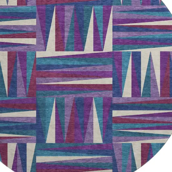 8' Purple Ivory And Blue Geometric Washable Round Rug With UV Protection Photo 2