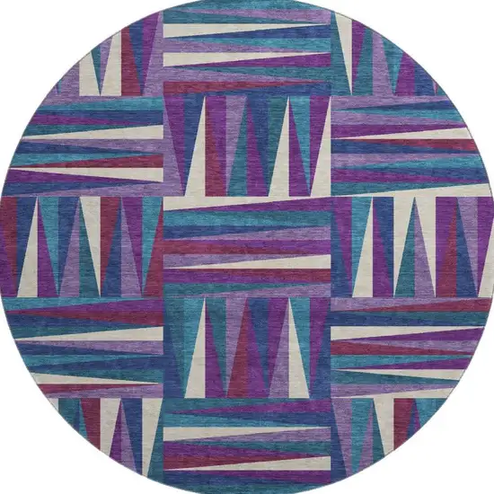 8' Purple Ivory And Blue Geometric Washable Round Rug With UV Protection Photo 3