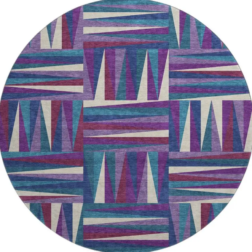8' Purple Ivory And Blue Geometric Washable Round Rug With UV Protection Photo 3