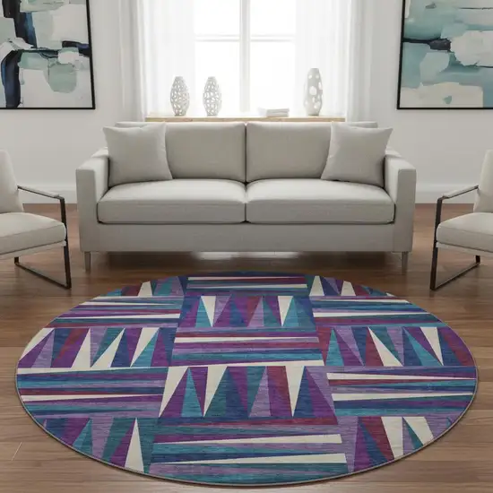 8' Purple Ivory And Blue Geometric Washable Round Rug With UV Protection Photo 2