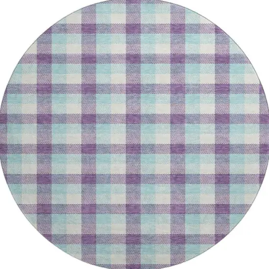 8' Purple Ivory And Blue Plaid Washable Round Rug With UV Protection Photo 2
