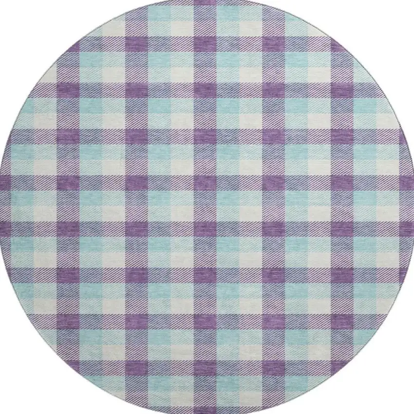 8' Purple Ivory And Blue Plaid Washable Round Rug With UV Protection Photo 2