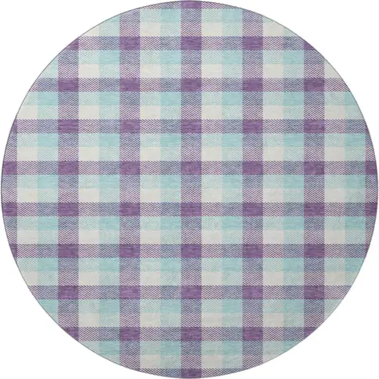 8' Purple Ivory And Blue Plaid Washable Round Rug With UV Protection Photo 3