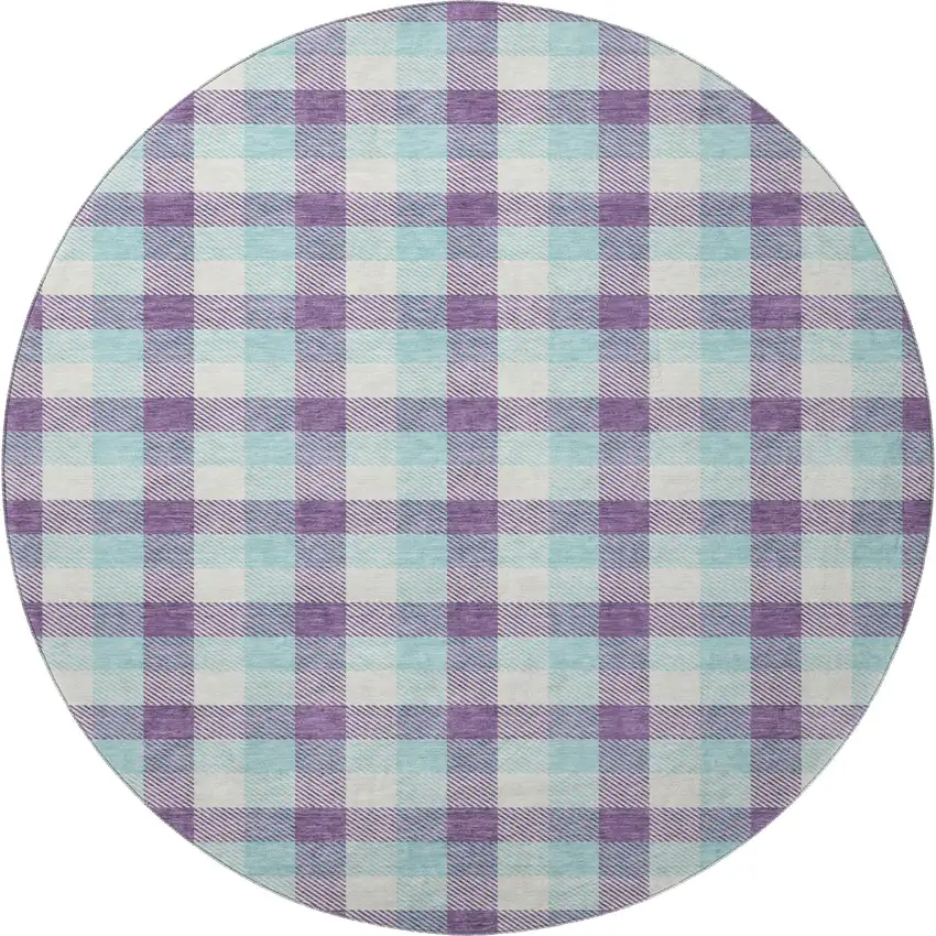 8' Purple Ivory And Blue Plaid Washable Round Rug With UV Protection Photo 3