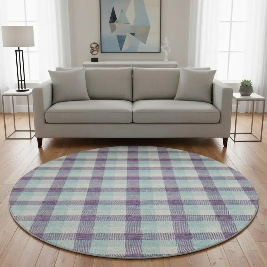 8' Purple Ivory And Blue Plaid Washable Round Rug With UV Protection Photo 2