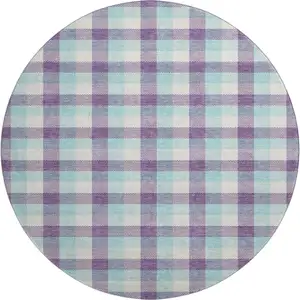 Photo of 8' Purple Ivory And Blue Plaid Washable Round Rug With UV Protection