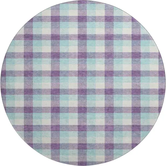8' Purple Ivory And Blue Plaid Washable Round Rug With UV Protection Photo 1