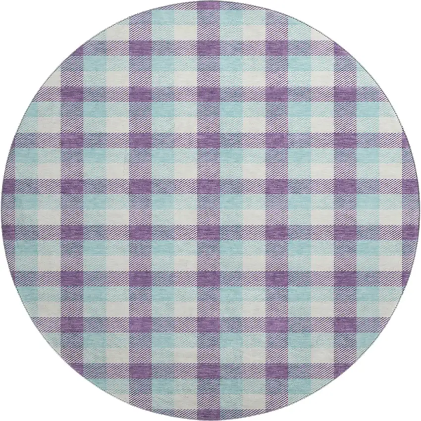 8' Purple Ivory And Blue Plaid Washable Round Rug With UV Protection Photo 1