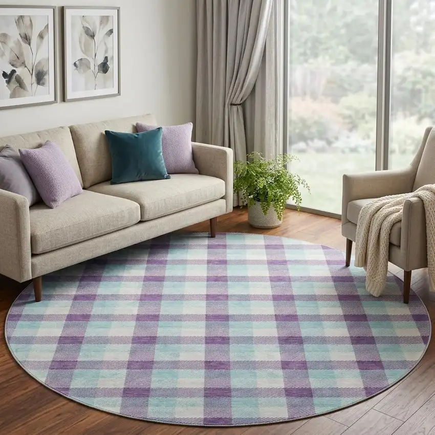 8' Purple Ivory And Blue Plaid Washable Round Rug With UV Protection Photo 1