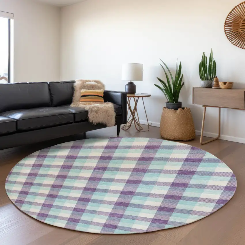 8' Purple Ivory And Blue Plaid Washable Round Rug With UV Protection Photo 4