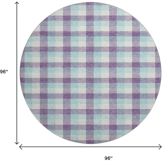 8' Purple Ivory And Blue Plaid Washable Round Rug With UV Protection Photo 9