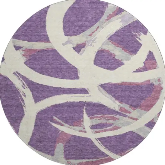 8' Purple Ivory And Blush Abstract Washable Round Rug With UV Protection Photo 2