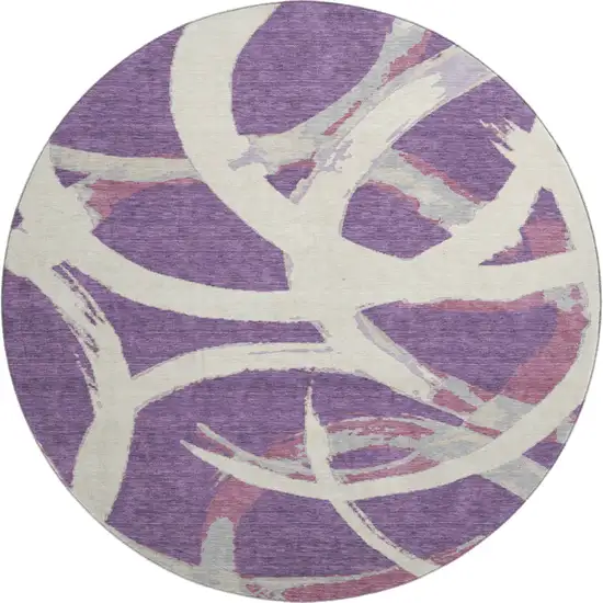 8' Purple Ivory And Blush Abstract Washable Round Rug With UV Protection Photo 1