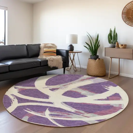 8' Purple Ivory And Blush Abstract Washable Round Rug With UV Protection Photo 4