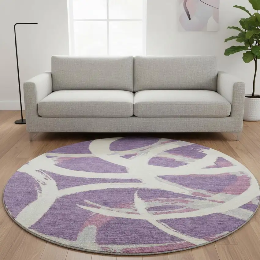 8' Purple Ivory And Blush Abstract Washable Round Rug With UV Protection Photo 2