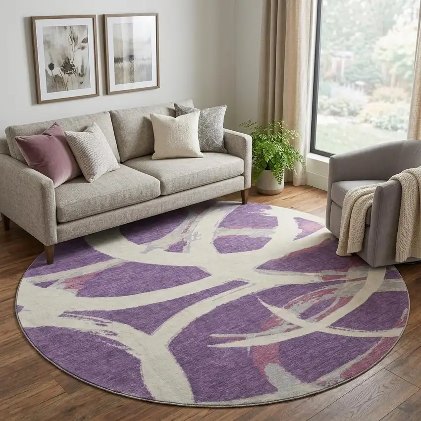 8' Purple Ivory And Blush Abstract Washable Round Rug With UV Protection Photo 1