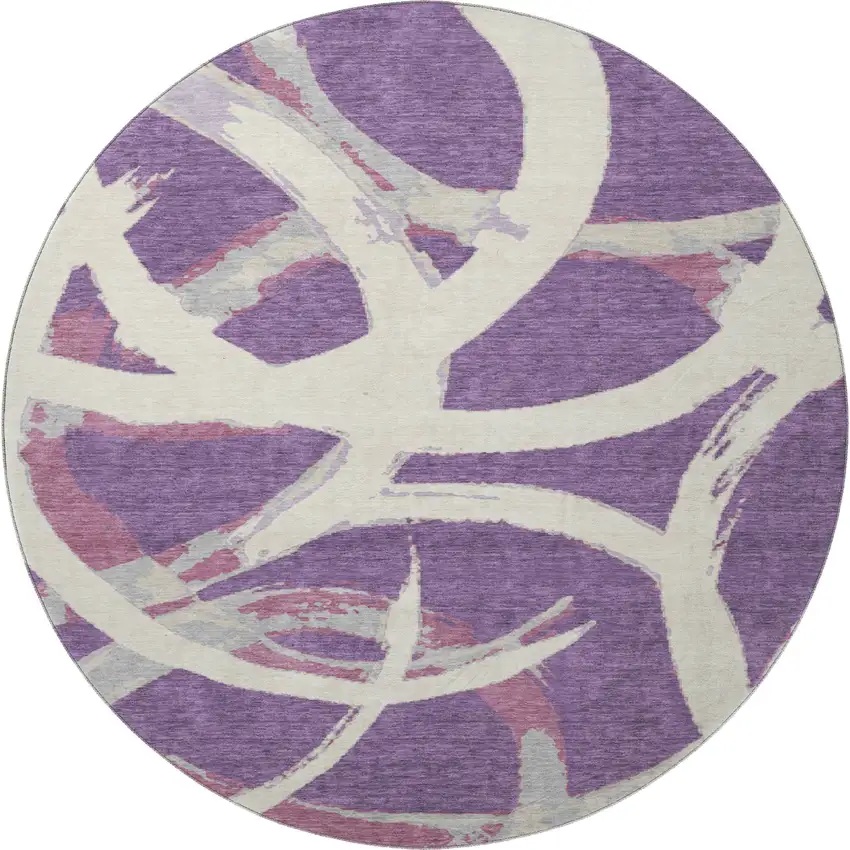 8' Purple Ivory And Blush Abstract Washable Round Rug With UV Protection Photo 3