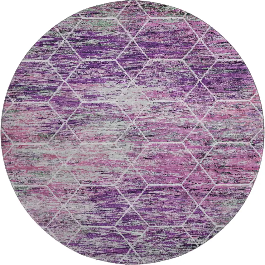 8' Purple Ivory And Blush Geometric Washable Round Rug With UV Protection Photo 1