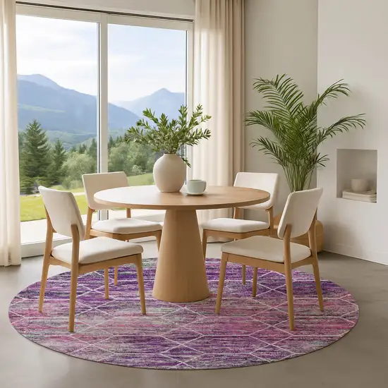 8' Purple Ivory And Blush Geometric Washable Round Rug With UV Protection Photo 4