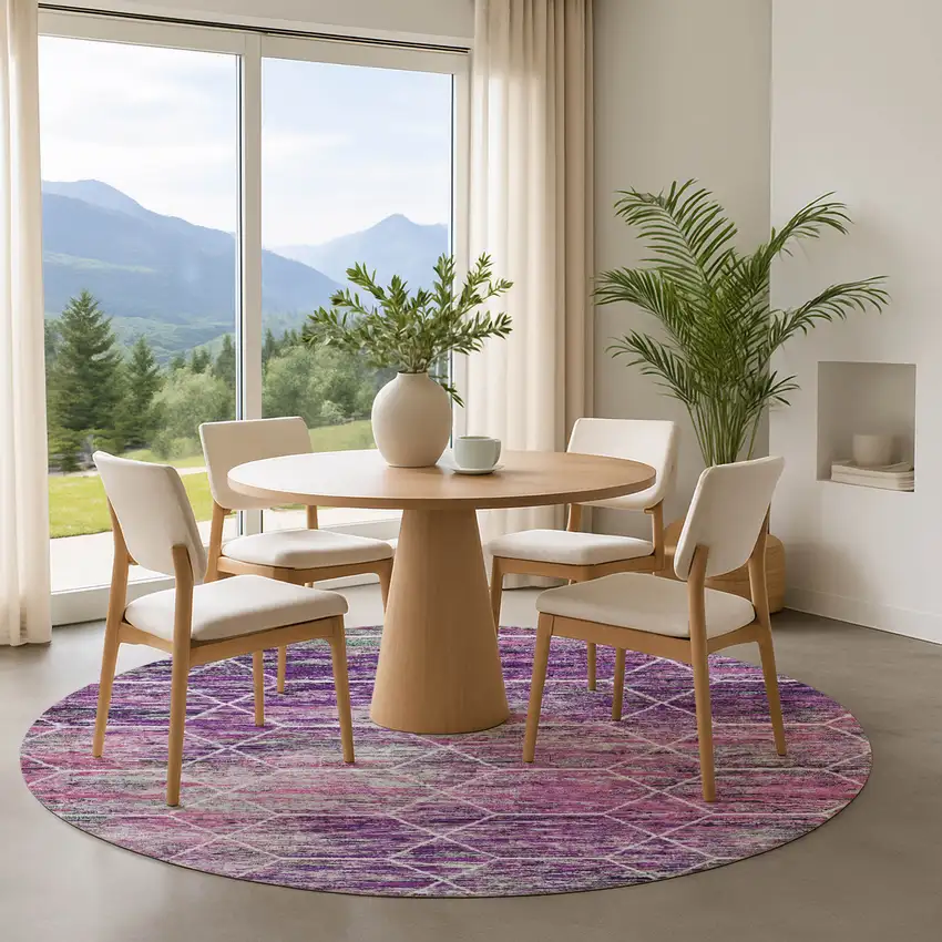 8' Purple Ivory And Blush Geometric Washable Round Rug With UV Protection Photo 4