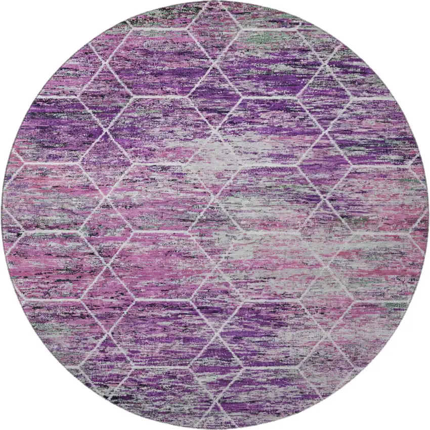 8' Purple Ivory And Blush Geometric Washable Round Rug With UV Protection Photo 4