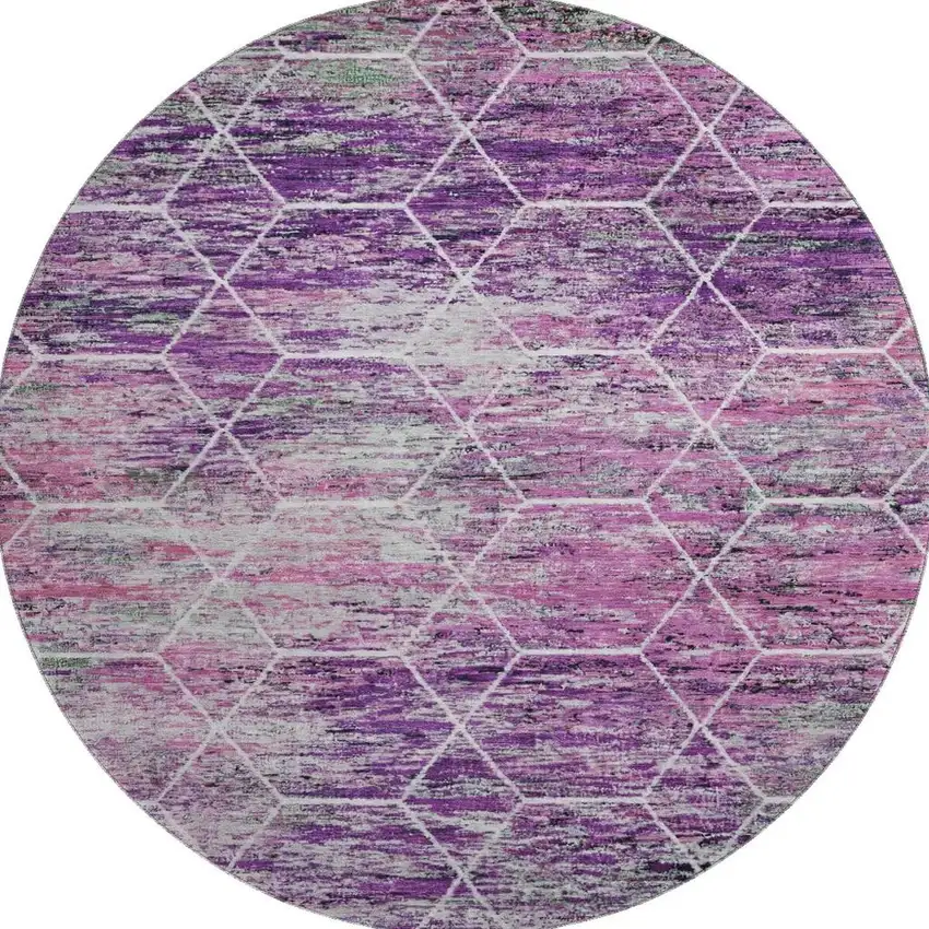 8' Purple Ivory And Blush Geometric Washable Round Rug With UV Protection Photo 2