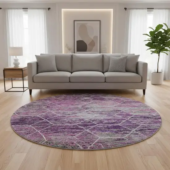 8' Purple Ivory And Blush Geometric Washable Round Rug With UV Protection Photo 2