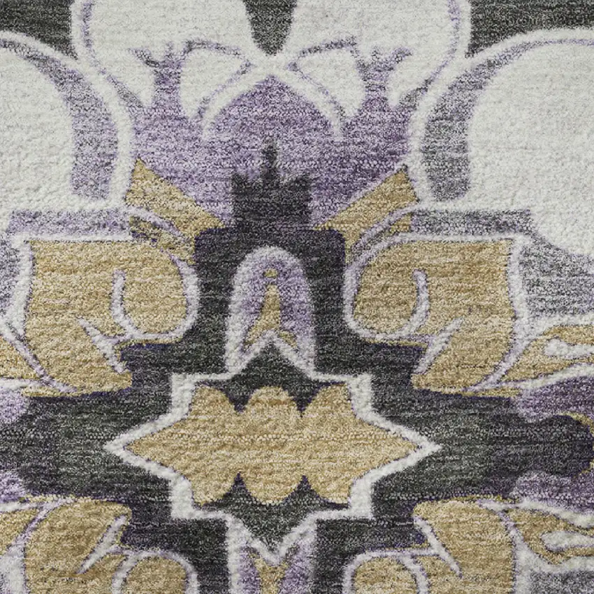 8' Purple Ivory And Charcoal Floral Medallion Washable Round Rug With UV Protection Photo 9