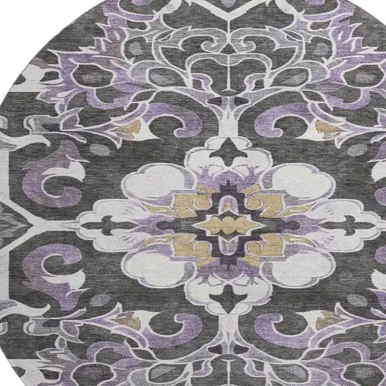 8' Purple Ivory And Charcoal Floral Medallion Washable Round Rug With UV Protection Photo 3