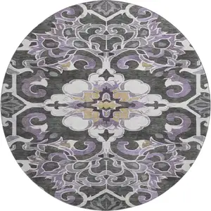 Photo of 8' Purple Ivory And Charcoal Floral Medallion Washable Round Rug With UV Protection
