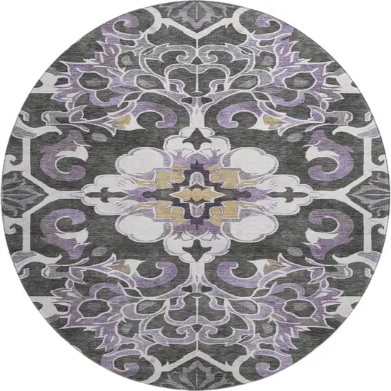 8' Purple Ivory And Charcoal Floral Medallion Washable Round Rug With UV Protection Photo 1
