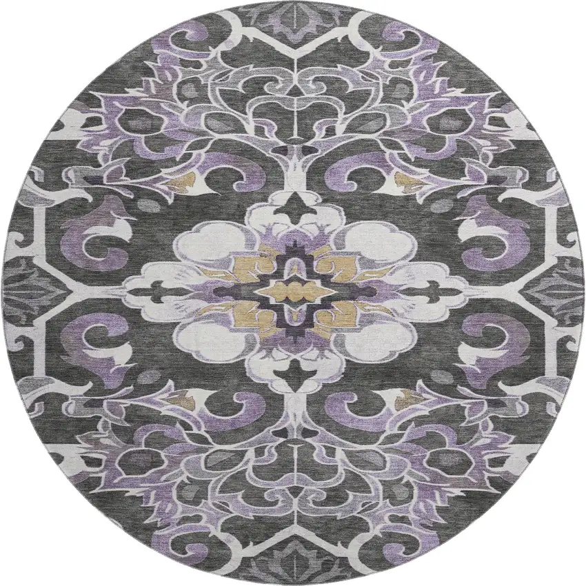 8' Purple Ivory And Charcoal Floral Medallion Washable Round Rug With UV Protection Photo 1
