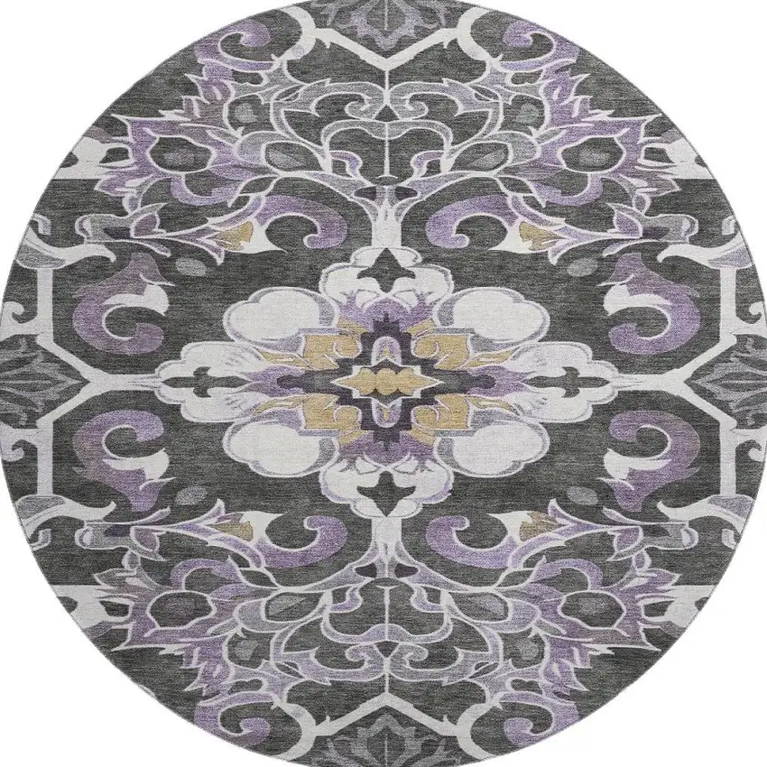 8' Purple Ivory And Charcoal Floral Medallion Washable Round Rug With UV Protection Photo 4