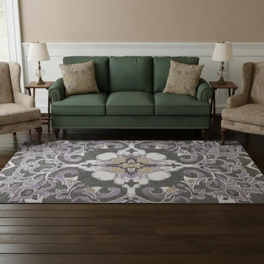 8' Purple Ivory And Charcoal Floral Medallion Washable Round Rug With UV Protection Photo 2