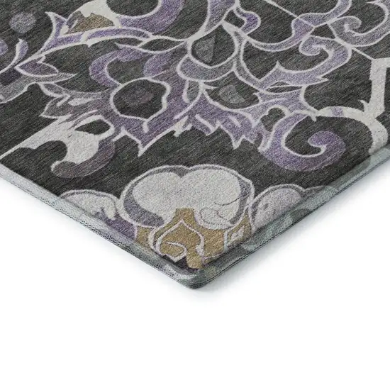8' Purple Ivory And Charcoal Floral Medallion Washable Round Rug With UV Protection Photo 7
