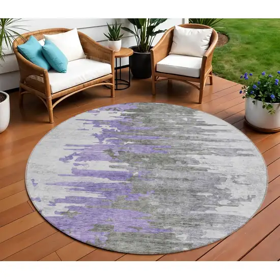 8' Purple Ivory And Charcoal Round Abstract Washable Indoor Outdoor Area Rug Photo 1