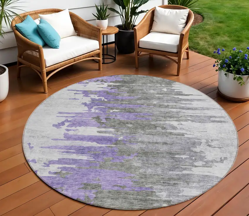 8' Purple Ivory And Charcoal Round Abstract Washable Indoor Outdoor Area Rug Photo 1