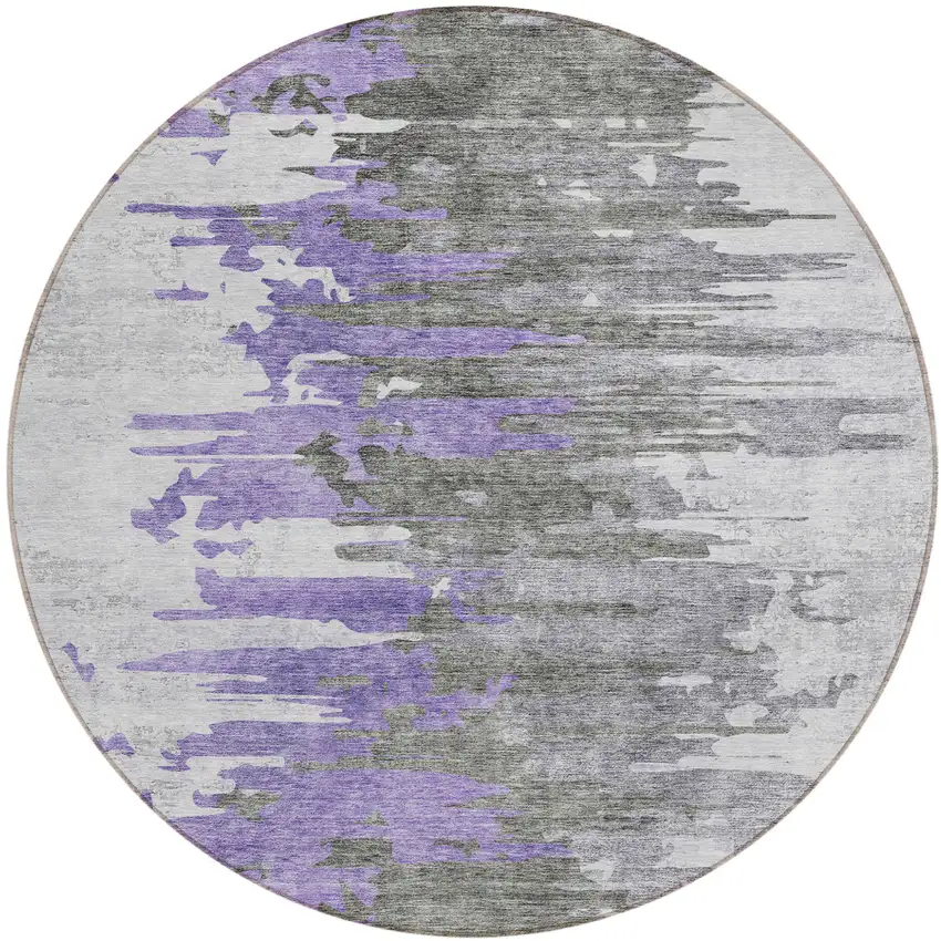 8' Purple Ivory And Charcoal Round Abstract Washable Indoor Outdoor Area Rug Photo 1
