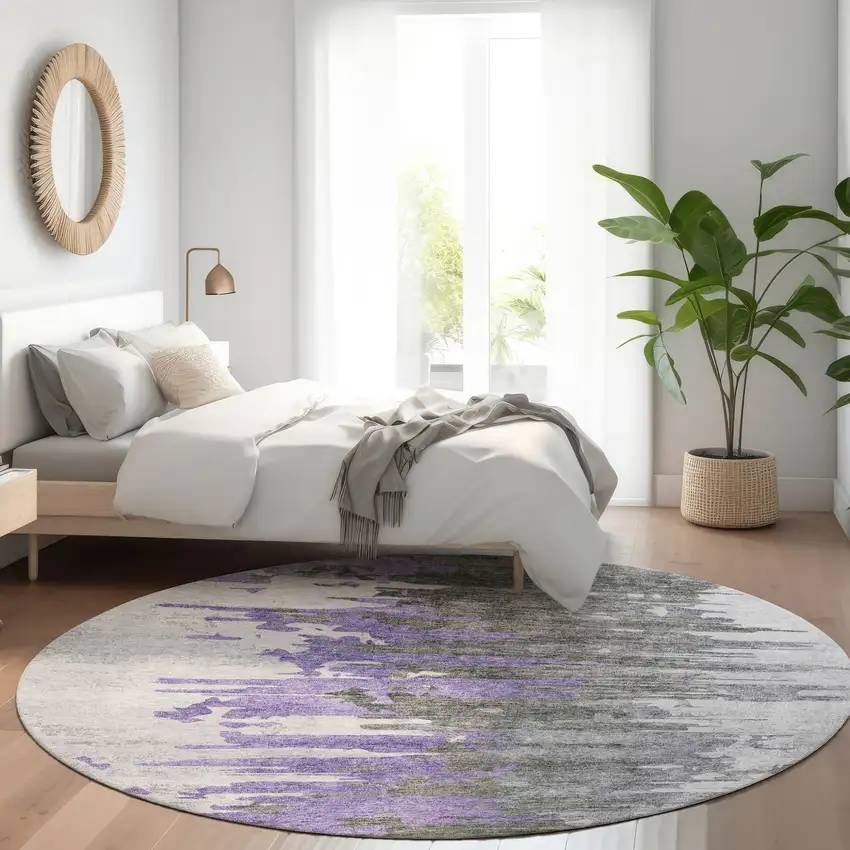 8' Purple Ivory And Charcoal Round Abstract Washable Indoor Outdoor Area Rug Photo 7