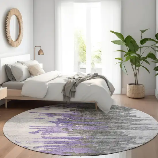 8' Purple Ivory And Charcoal Round Abstract Washable Indoor Outdoor Area Rug Photo 7
